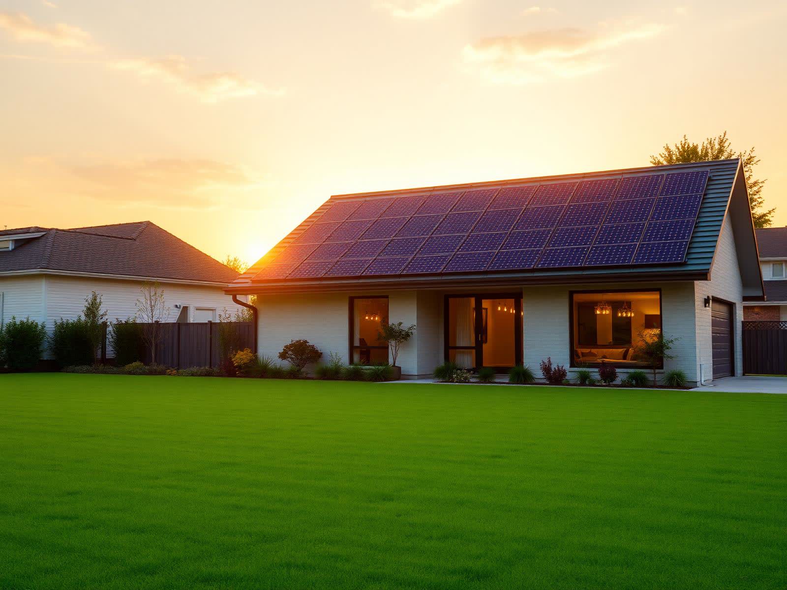 Modern home with rooftop solar array at dusk